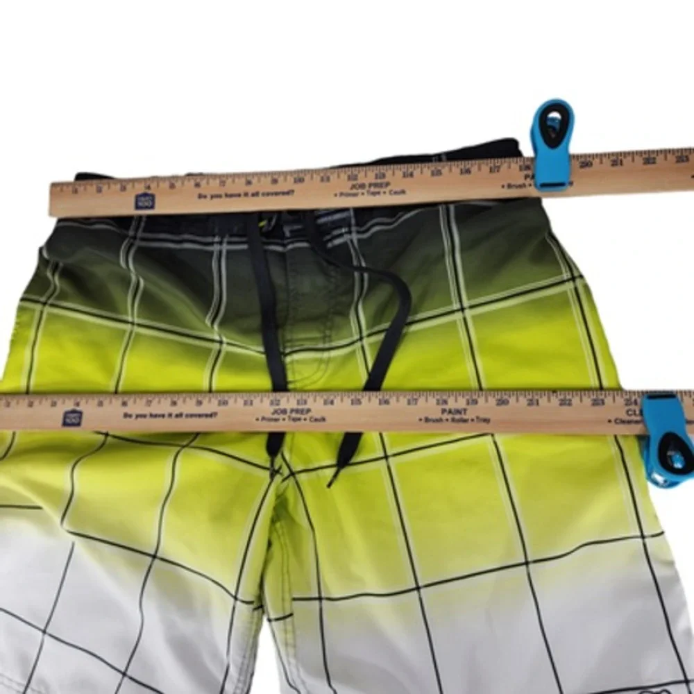 OP Ocean Pacific Board Short L 36-38 Men‎ Windowpane Plaid White Yellow Ombre